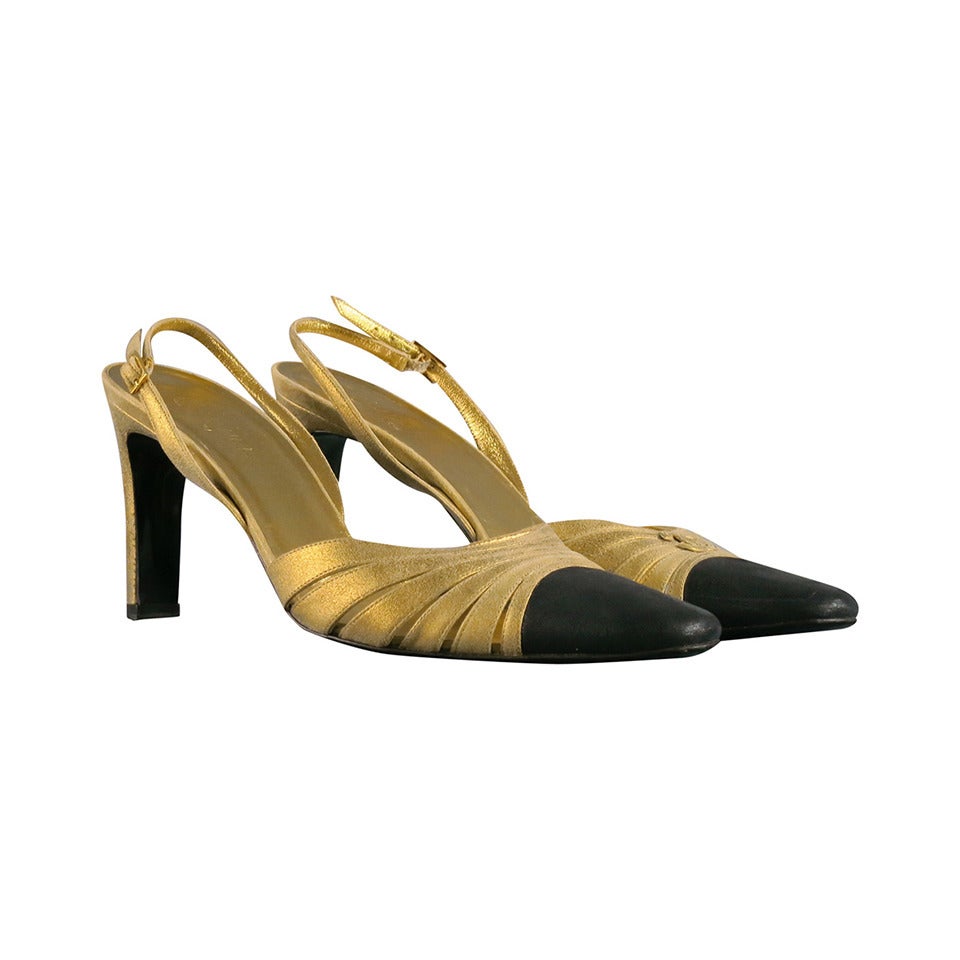 CHANEL Size 10 Gold black Suede Slingback Pumps