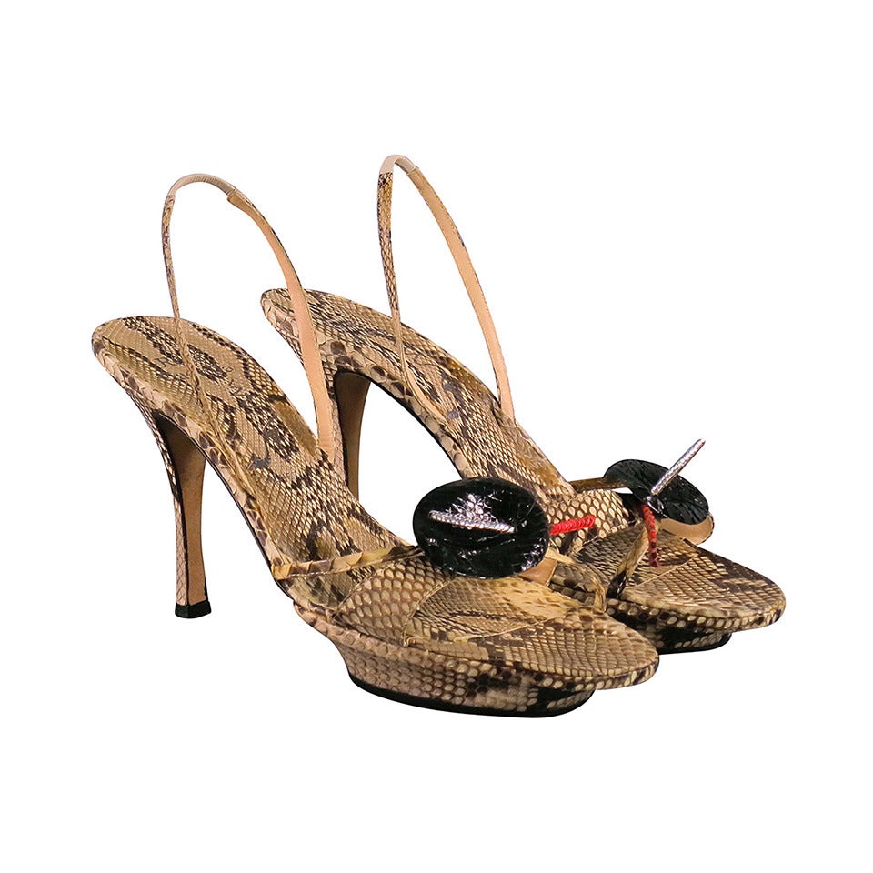  Rene Caovilla Natural Leather Python Rhinestone Platform Sandals