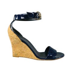 GUCCI Size 9.5 Navy Patent Leather Strappy Wedges