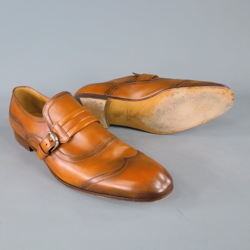 GUCCI Size 11.5 Tan Leather Monk Buckle Strap Wingtip Loafers