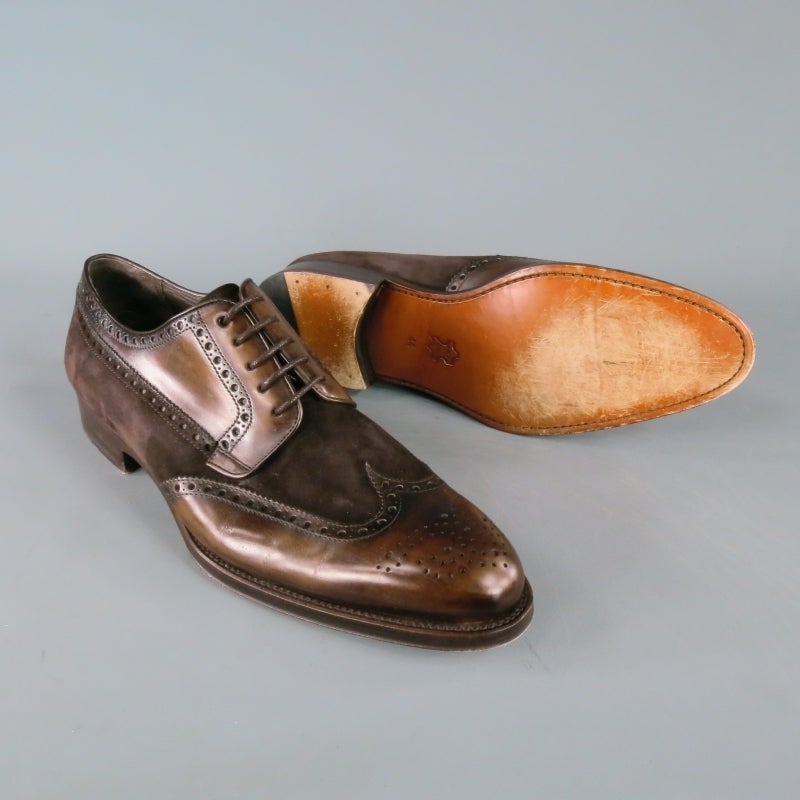 BERGDORF GOODMAN Size 11 Brown Leather & Suede Wing Tip Brogue Lace Up