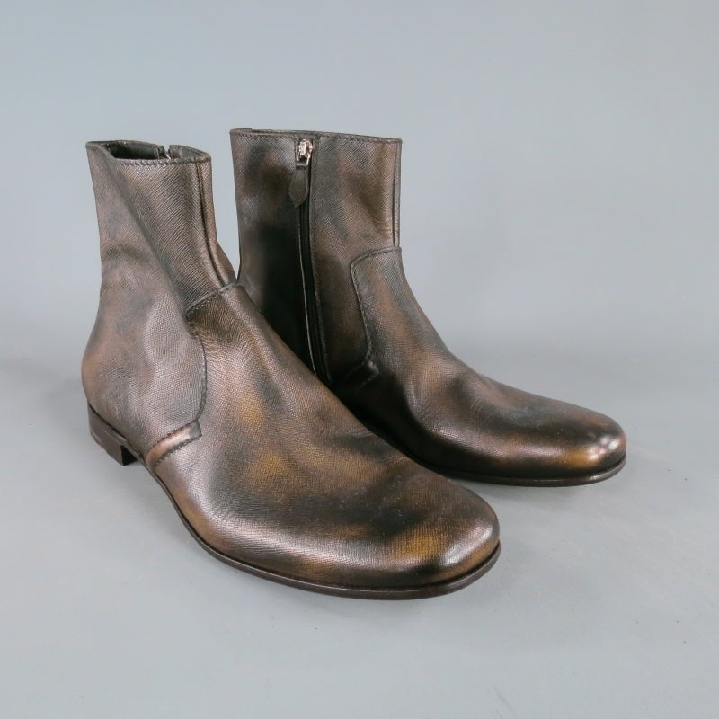 PRADA Size 11US Distressed Brown Leather Ankle Zip Boots In New Condition In San Francisco, CA