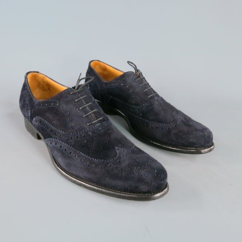Black KITON Size 12US Navy Suede Wingtip Brogue Lace Up
