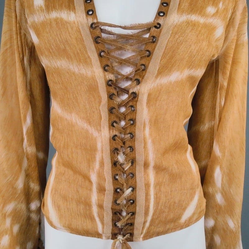 YVES SAINT LAURENT by TOM FORD 2002 Sz 4 Deer Print Silk Chiffon Lace up Blouse 1