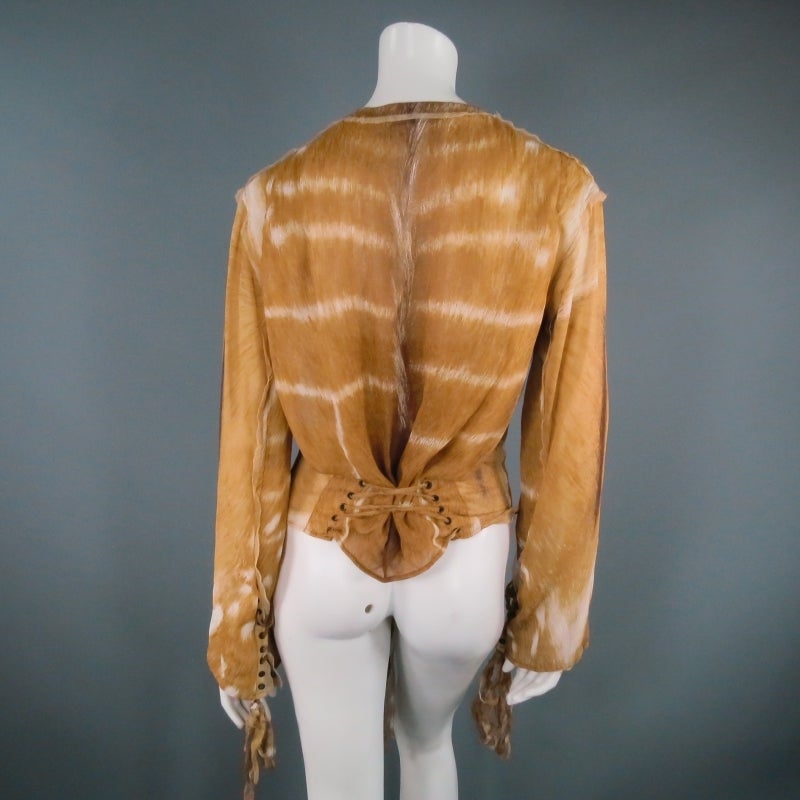 YVES SAINT LAURENT by TOM FORD 2002 Sz 4 Deer Print Silk Chiffon Lace up Blouse 2