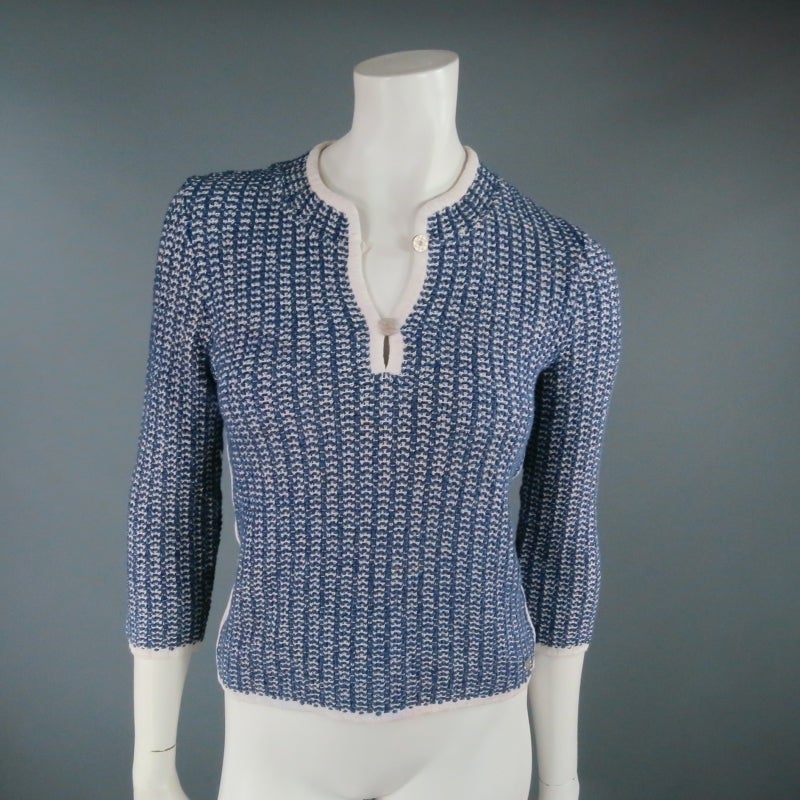 Gray CHANEL Size 12 Blue/White Cotton Blend 3/4 Sleeve Sweater/  2001