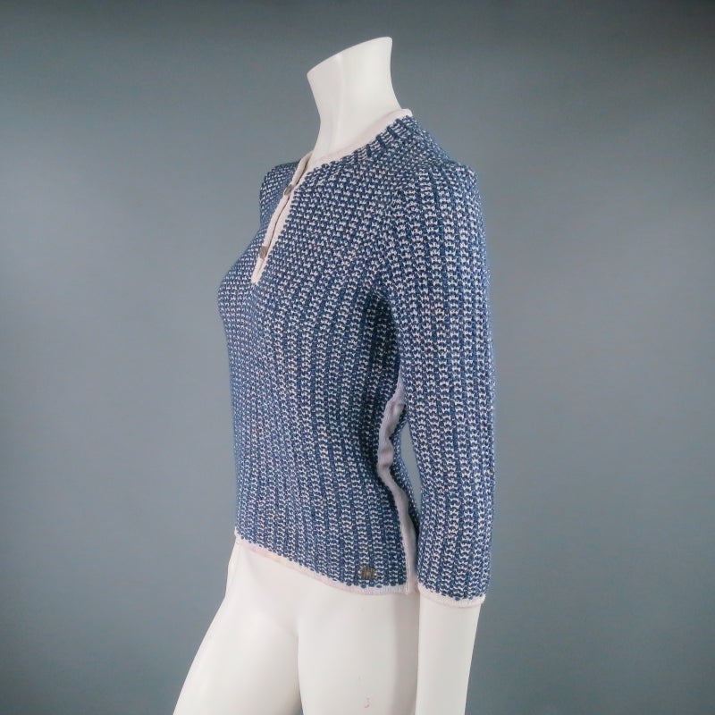 CHANEL Size 12 Blue/White Cotton Blend 3/4 Sleeve Sweater/  2001 In Excellent Condition In San Francisco, CA