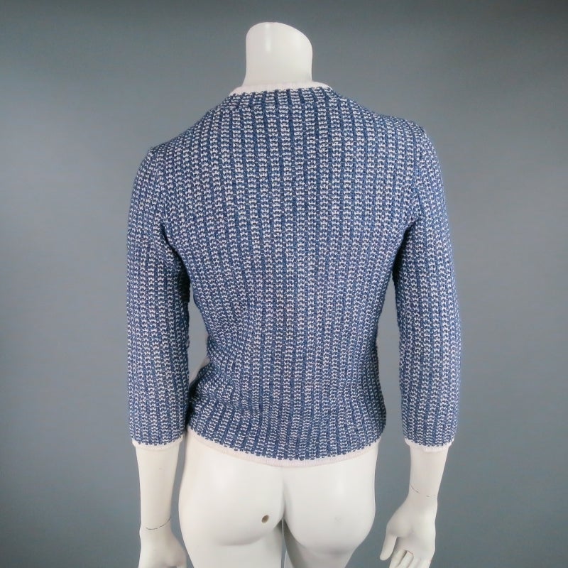 Women's CHANEL Size 12 Blue/White Cotton Blend 3/4 Sleeve Sweater/  2001