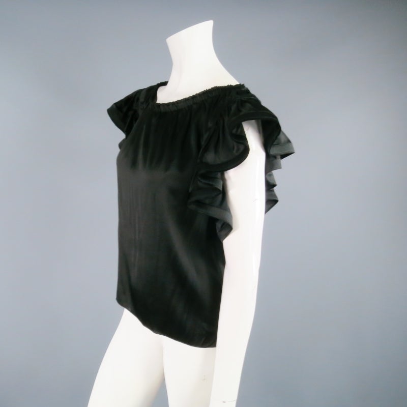 LANVIN Size 6 Black Silk Gathered Ruffle Sleeve Top 2008