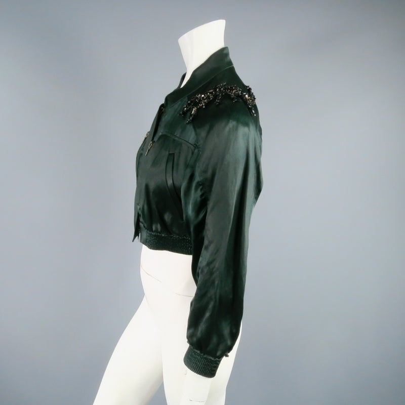Women's PRADA Size 4 Emerald Green Silk Cropped Bomber Jacket