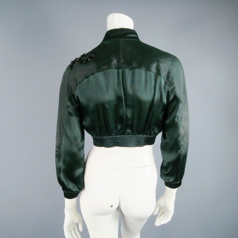PRADA Size 4 Emerald Green Silk Cropped Bomber Jacket 1