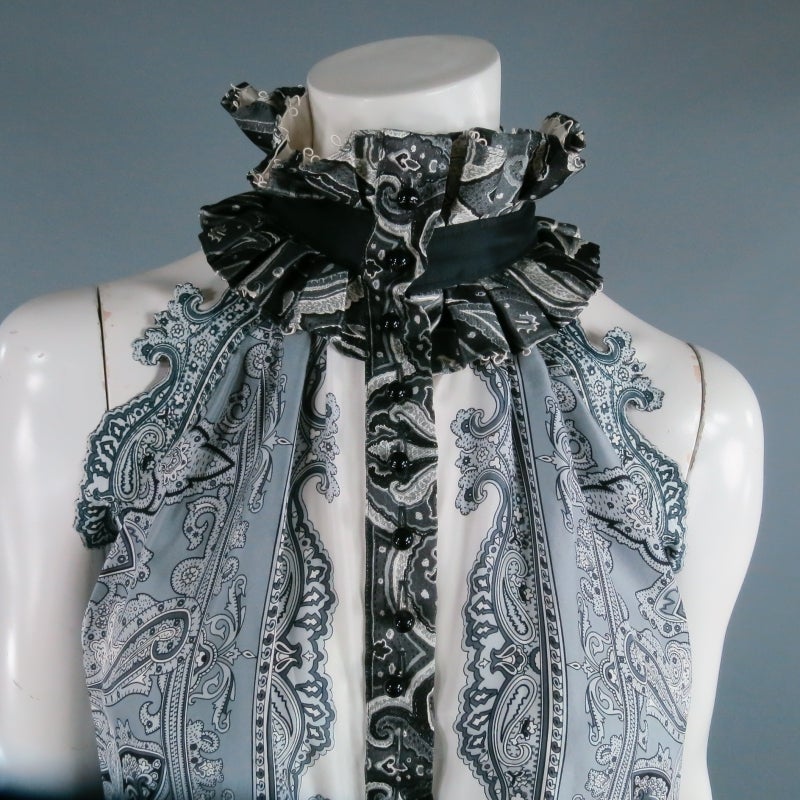 Romantic silver paisley dress top from BALENCIAGA by Nicolas Ghesquière . A very rare piece from the Spring/Summer 2006 Collection, featured in the ad campaign, this beautiful top comes in a printed silk satin featuring a high collar in pleated