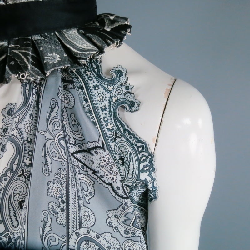 BALENCIAGA Size 8 Silver Paisley Silk Dress Top / Spring 2006 In Excellent Condition In San Francisco, CA