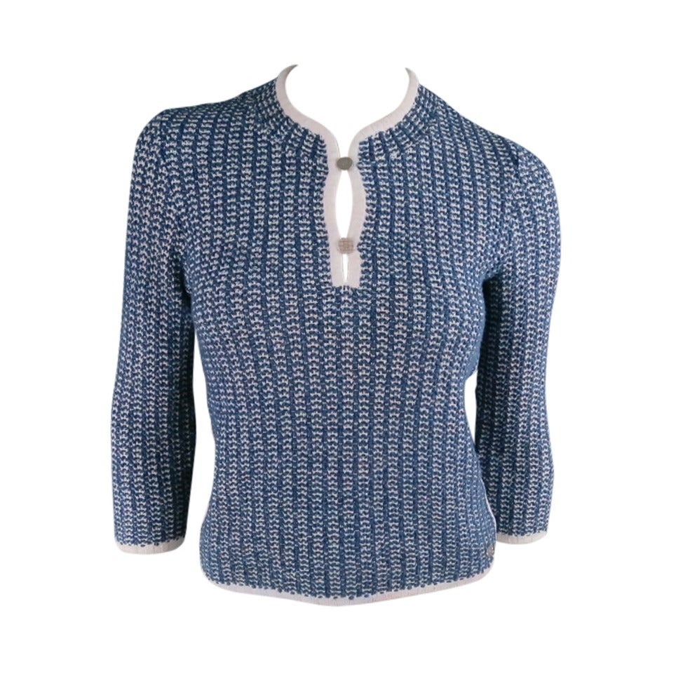 CHANEL Size 12 Blue/White Cotton Blend 3/4 Sleeve Sweater/  2001