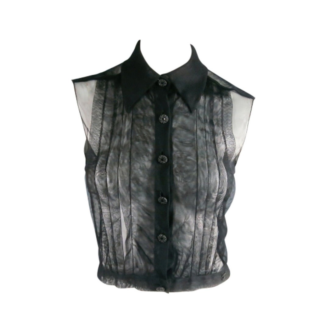 2002's CHANEL Size 6 Black Pleated Tulle Tuxedo Blouse at 1stDibs