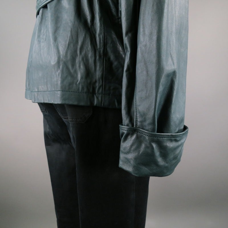 LANVIN 40 Leather Hunter Green Jacket with French Cuffs In Excellent Condition In San Francisco, CA