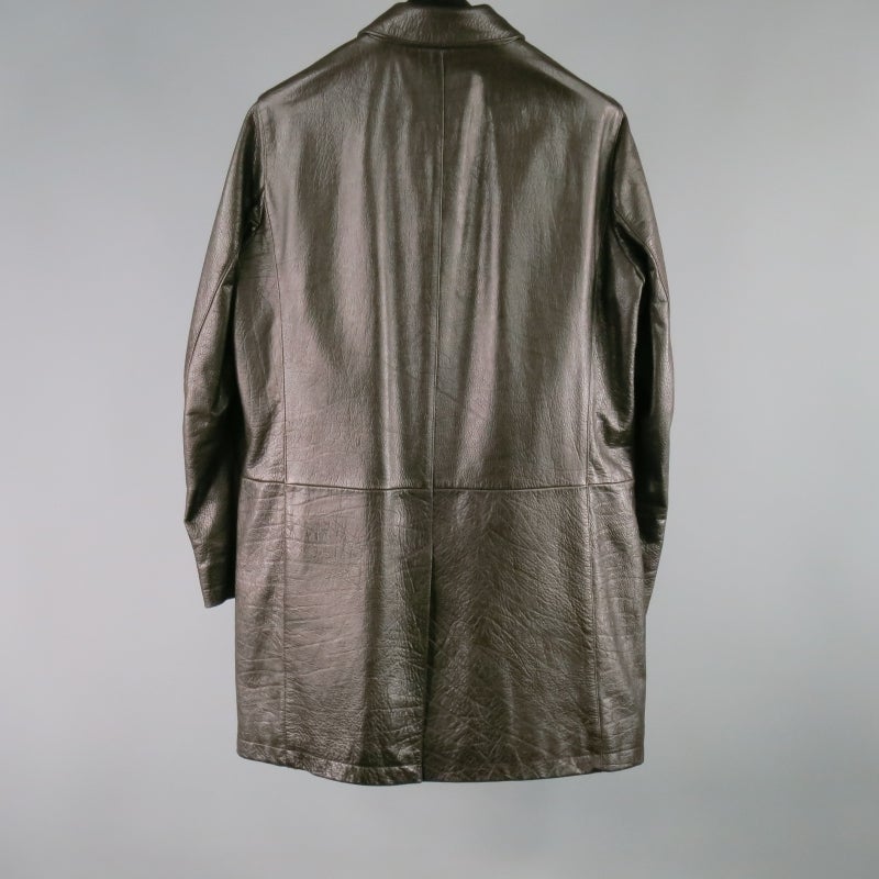 PRADA Size 40 Men's Long Pebble Grain Leather Brown Coat In Excellent Condition In San Francisco, CA