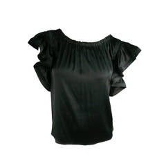 Vintage LANVIN Size 6 Black Silk Gathered Ruffle Sleeve Top 2008