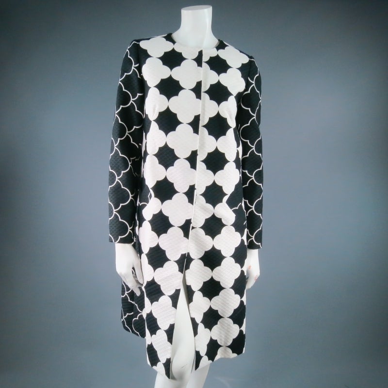 BARBARA TFANK Size M Black & White Mod Print Collarless Coat