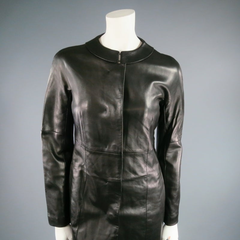 JIL SANDER Size XS Black Cuir Boiled Leather Band Collar Mod Coat 1