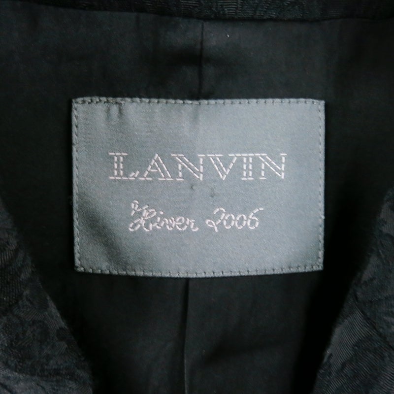 LANVIN Size XS Black Brocade Wool Peak Lapel Military Coat 3