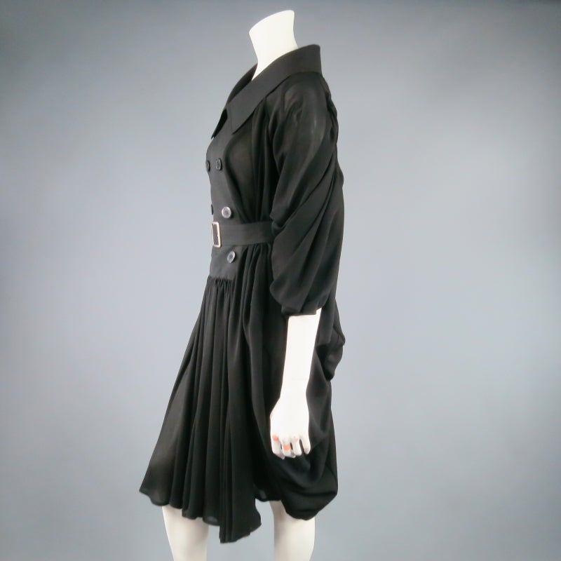 COMME des GARCONS Size M Black Wool & Chiffoon Draped Tranch Coat Dress 1