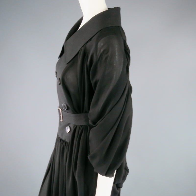 Women's COMME des GARCONS Size M Black Wool & Chiffoon Draped Tranch Coat Dress