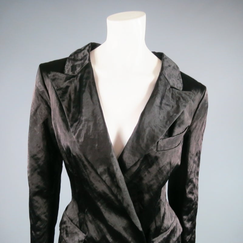 LANVIN Size 6 Black Textured Satin 2 PC Skirt Suit W/ Peak Lapel 1