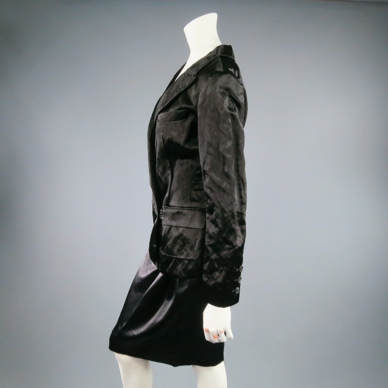 LANVIN Size 6 Black Textured Satin 2 PC Skirt Suit W/ Peak Lapel 2