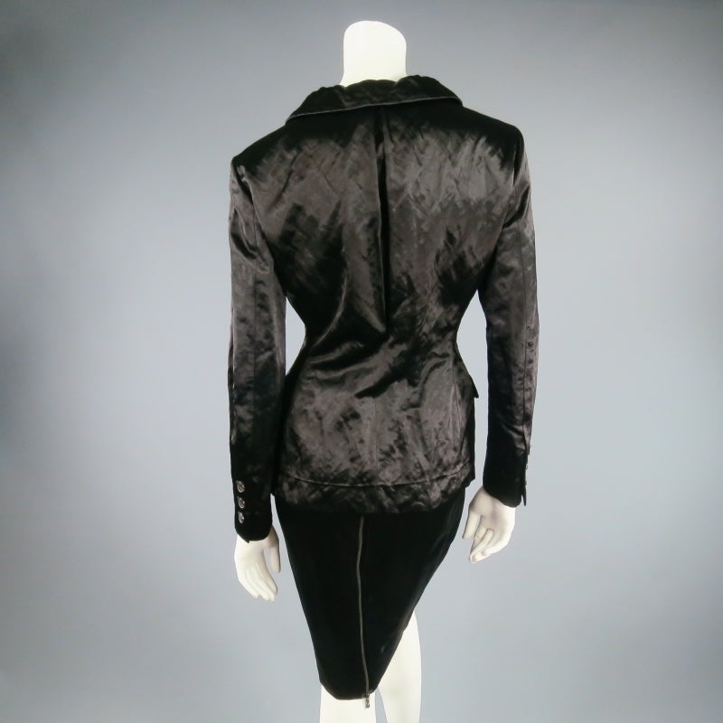 LANVIN Size 6 Black Textured Satin 2 PC Skirt Suit W/ Peak Lapel 3