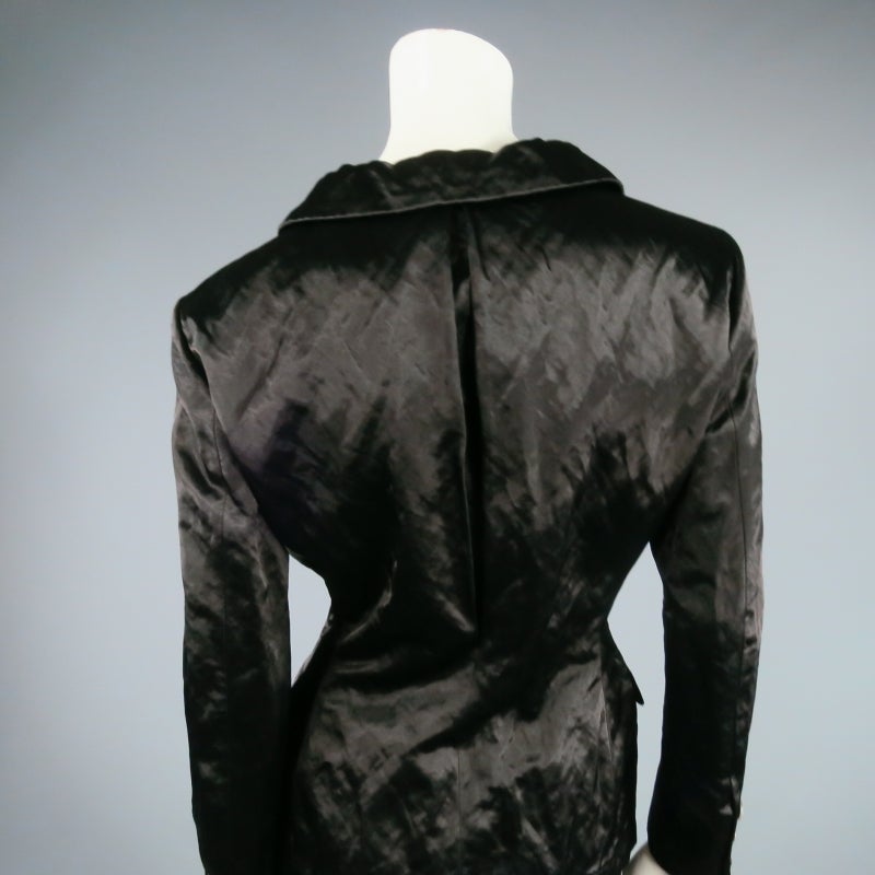 LANVIN Size 6 Black Textured Satin 2 PC Skirt Suit W/ Peak Lapel 4