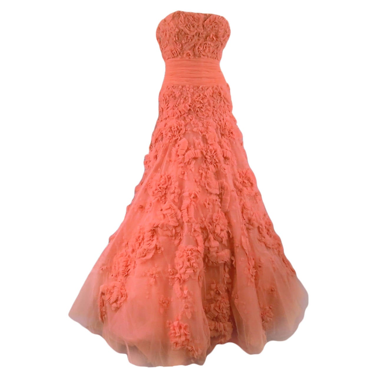 Zuhair Murad Salmon Rose Silk Tulle Strapless Evening Gown