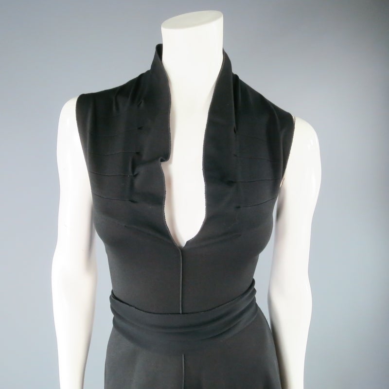 YVES SAINT LAURENT Size 8 Black Nylon Blend Gathered Ruffle Collar Sash Dress In Excellent Condition In San Francisco, CA