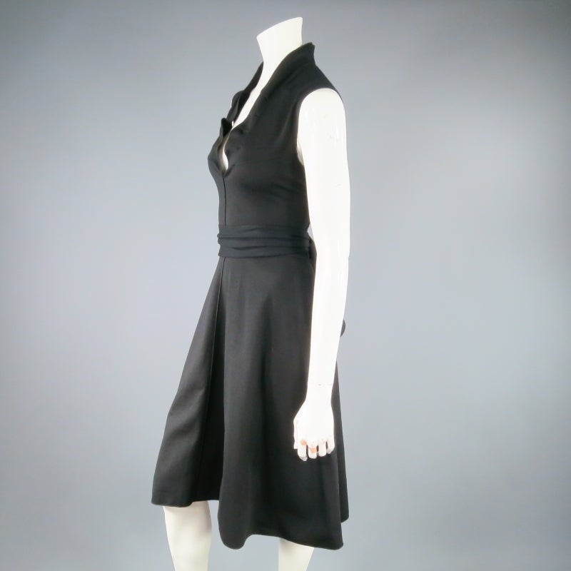 Women's YVES SAINT LAURENT Size 8 Black Nylon Blend Gathered Ruffle Collar Sash Dress