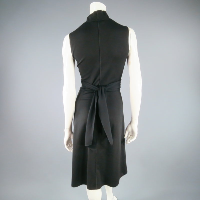 YVES SAINT LAURENT Size 8 Black Nylon Blend Gathered Ruffle Collar Sash Dress 1