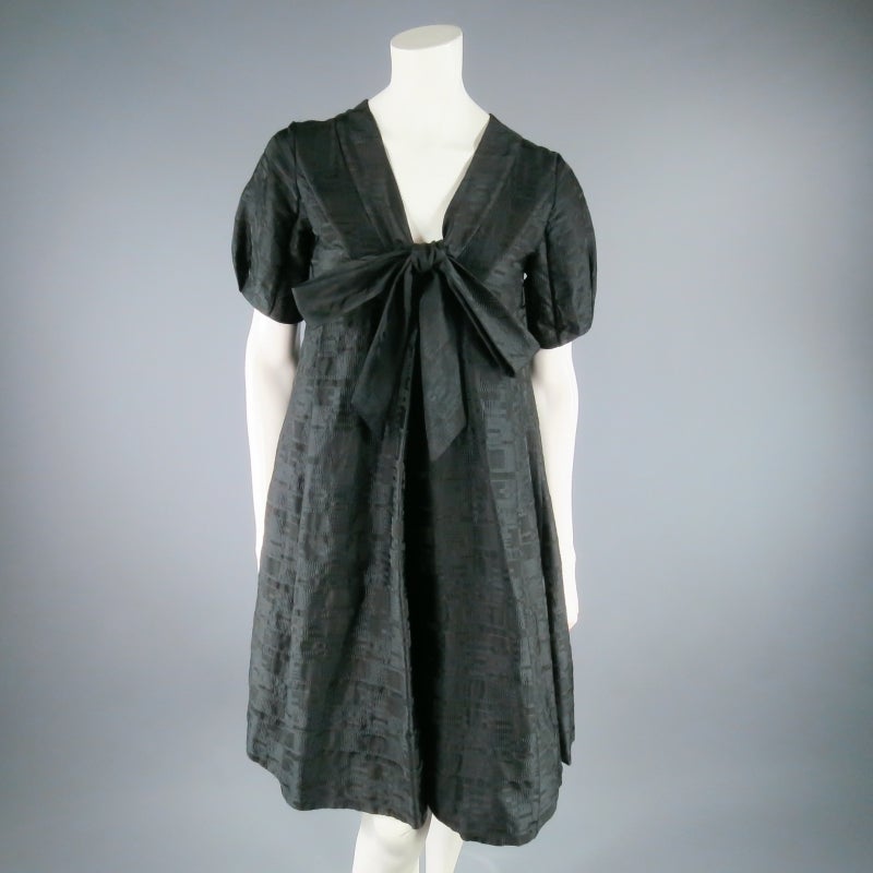 MARNI Size 6 Black Geometric Textured Puff Sleeve Bow Dress In Excellent Condition In San Francisco, CA