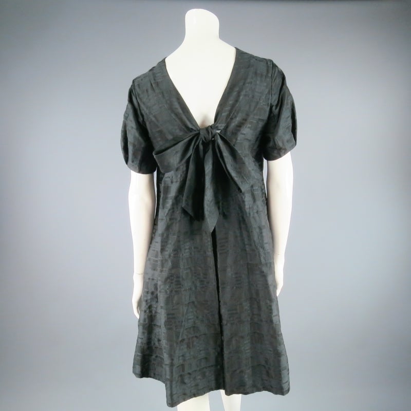 MARNI Size 6 Black Geometric Textured Puff Sleeve Bow Dress 1