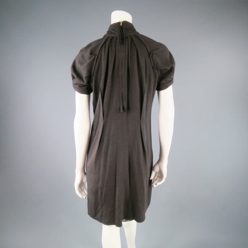 MARC JACOBS Size 4 Brown Stretch Wool Puff Sleeve Draped Neck Dress 3