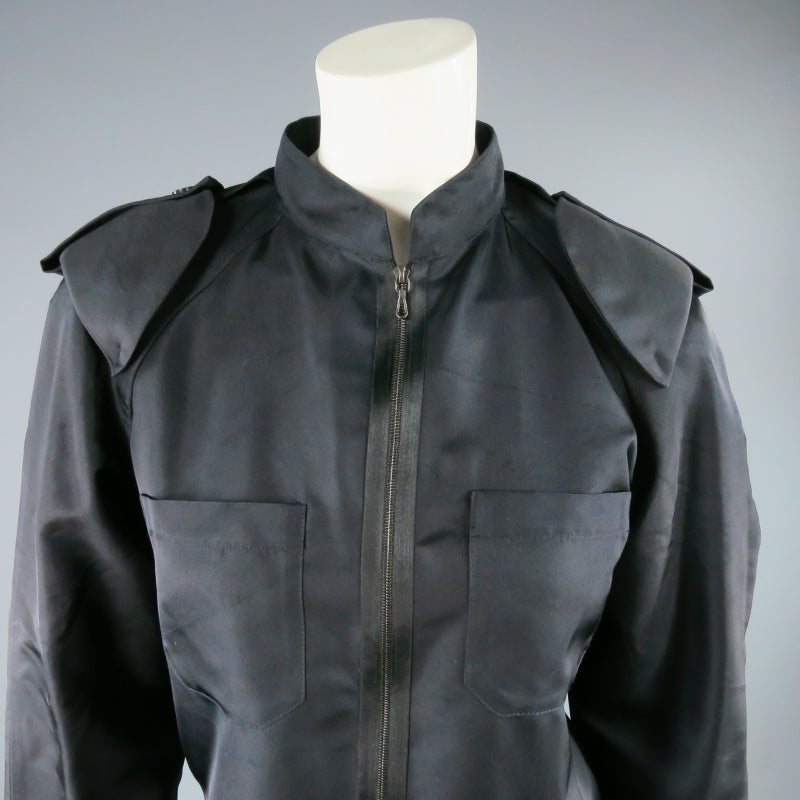 LANVIN Size 6 Black Silk Zip SHoulder Pad Jacket In Excellent Condition In San Francisco, CA