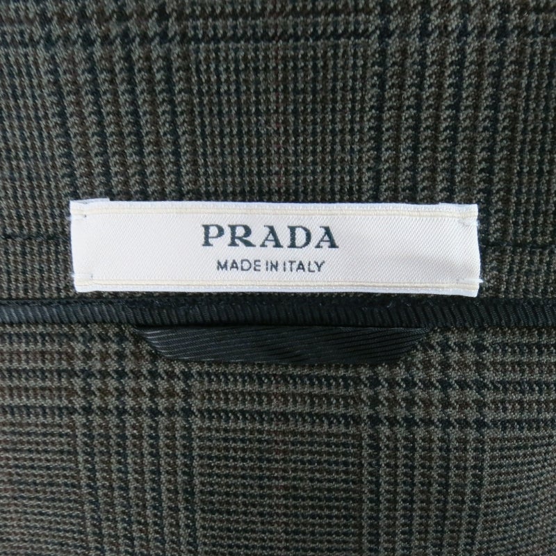 PRADA Size M Double Breasted Olive Glen Plaid Wool Wide Neck Coat 1