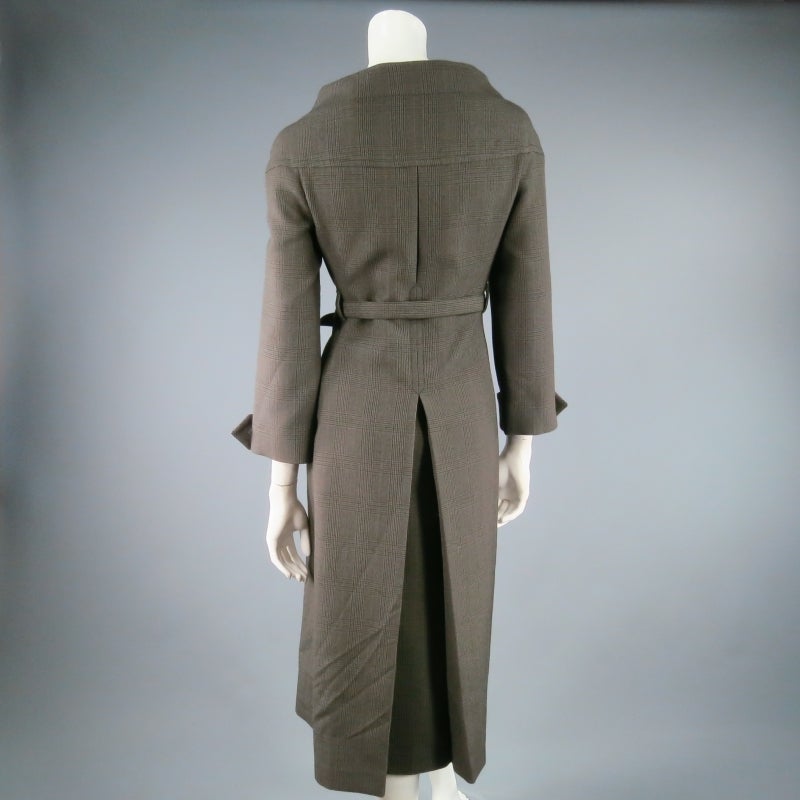 Women's PRADA Size M Double Breasted Olive Glen Plaid Wool Wide Neck Coat
