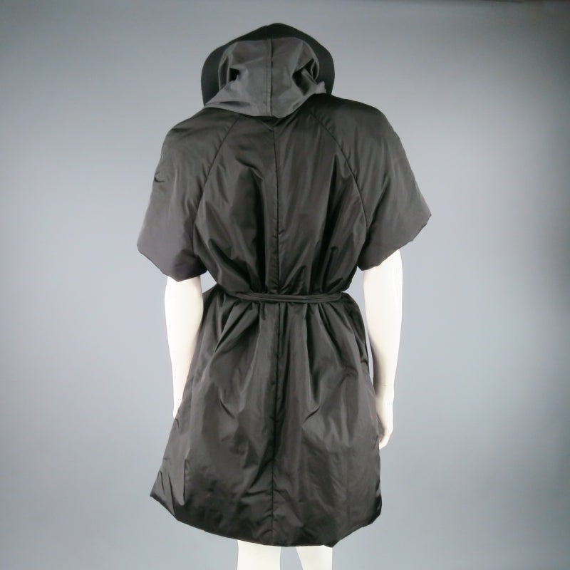 MANTU Size L Black Nylon Short Sleeve Wool Trim Puff Coat 3