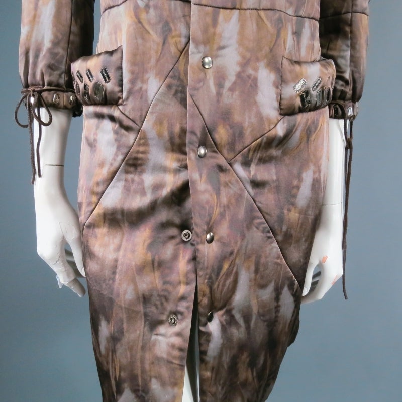 Women's UNDERCOVER Sz S Brass Feather Printed Silk Drawstring Razorblade Coat