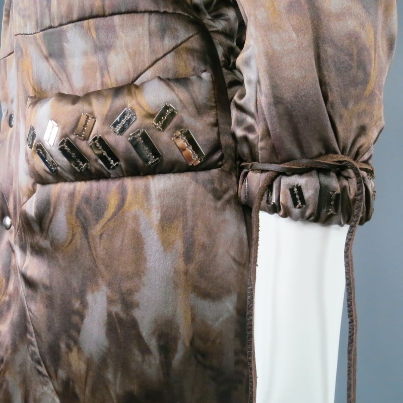 UNDERCOVER Sz S Brass Feather Printed Silk Drawstring Razorblade Coat In Excellent Condition In San Francisco, CA
