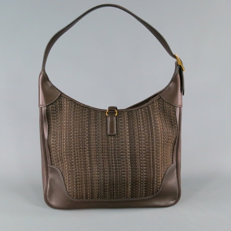 HERMES -Toile- Brown Leather Trim Woven Shoulder Bag 3