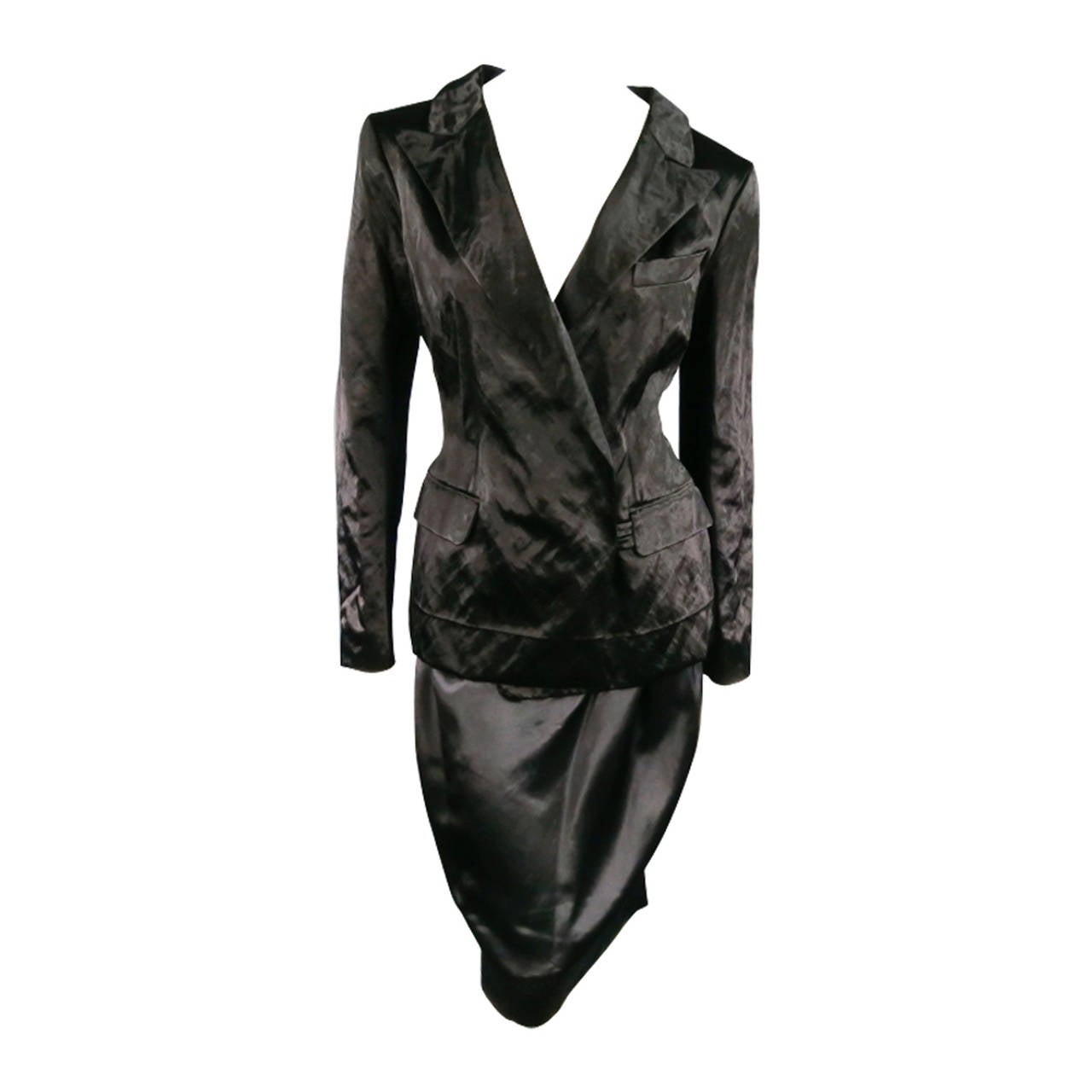 LANVIN Size 6 Black Textured Satin 2 PC Skirt Suit W/ Peak Lapel