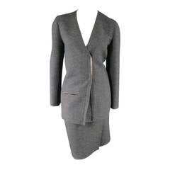 LANVIN Size 8 Gray Heather Wool 2 PC Skirt Suit w/ Metal bar Detail FW2011