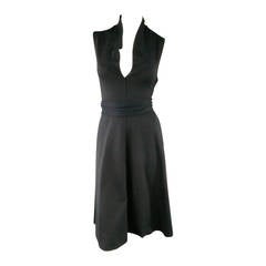 YVES SAINT LAURENT Size 8 Black Nylon Blend Gathered Ruffle Collar Sash Dress