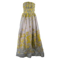 DENISS BASSO Size 4 Gray/ Yellow Floral Applique Strapless Evening Gown