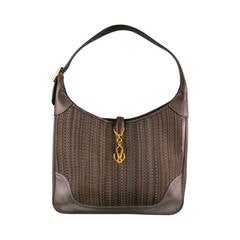 HERMES -Toile- Brown Leather Trim Woven Shoulder Bag